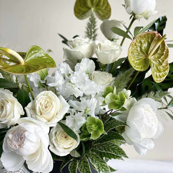 White roses and peonies with green anthurium in a bouquet