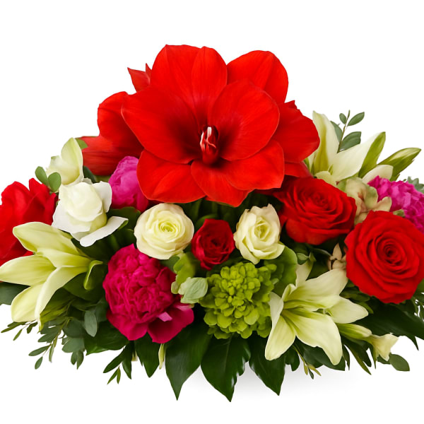 Red and white floral arrangement with lilies and roses
