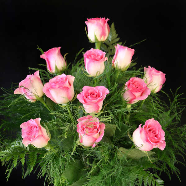 Pink roses arranged in a clear glass vase with airy greenery