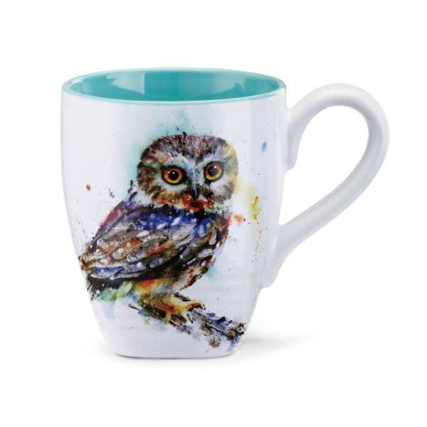White mug with a colorful owl illustration and teal interior