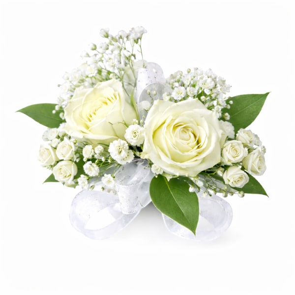 Elegant white wrist corsage for prom or wedding