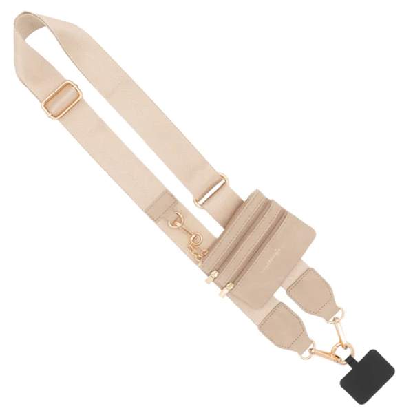 Beige crossbody strap with a small zip pouch and gold hardware