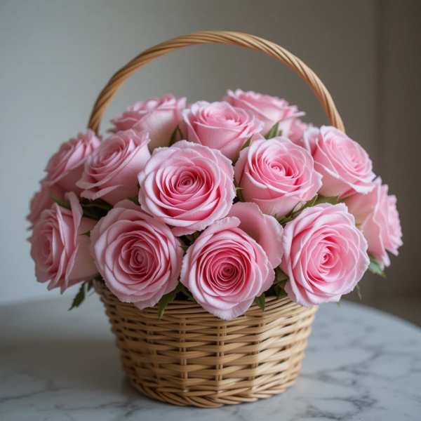 Basket of pink roses with a woven handle