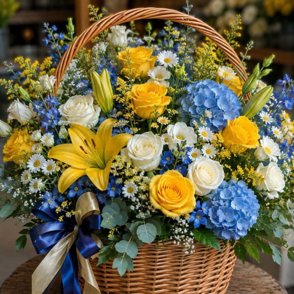 Basket arrangement of yellow and white roses with blue hydrangeas and lilies