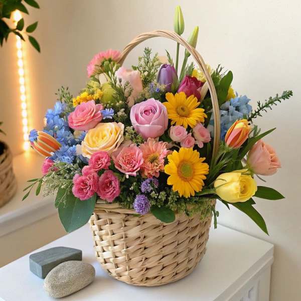 Colorful mixed flower basket with roses, tulips, and daisies