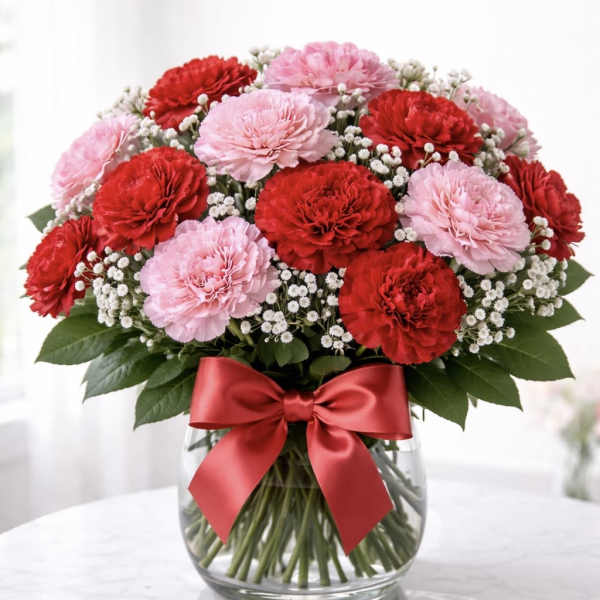 Pink and red carnations in a glass vase with a red ribbon