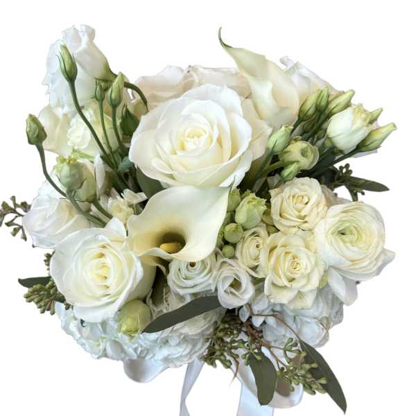 White rose and calla lily bouquet with a satin ribbon