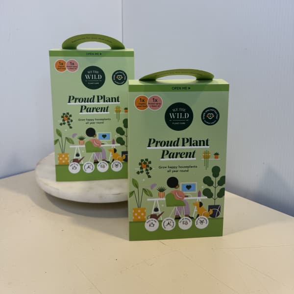 Two green plant care gift boxes on a table