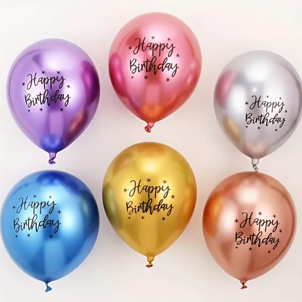 Six metallic balloons printed with Happy Birthday text