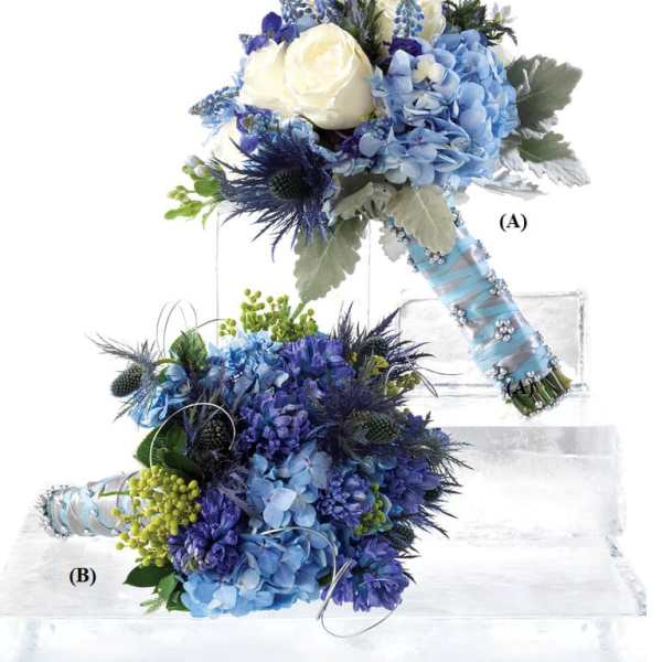 Blue and white bridal bouquets with ribbon-wrapped handles