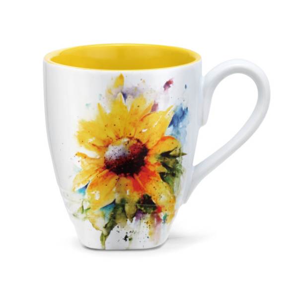 White mug with a watercolor sunflower design and yellow interior