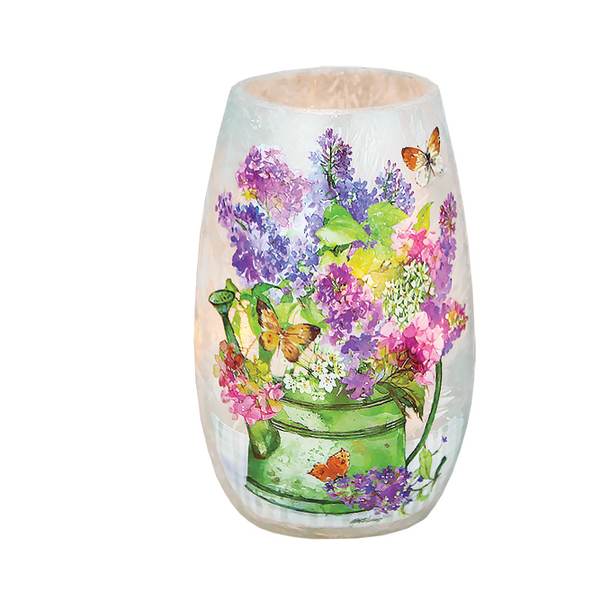 Decorative glass vase with a colorful floral and butterfly print