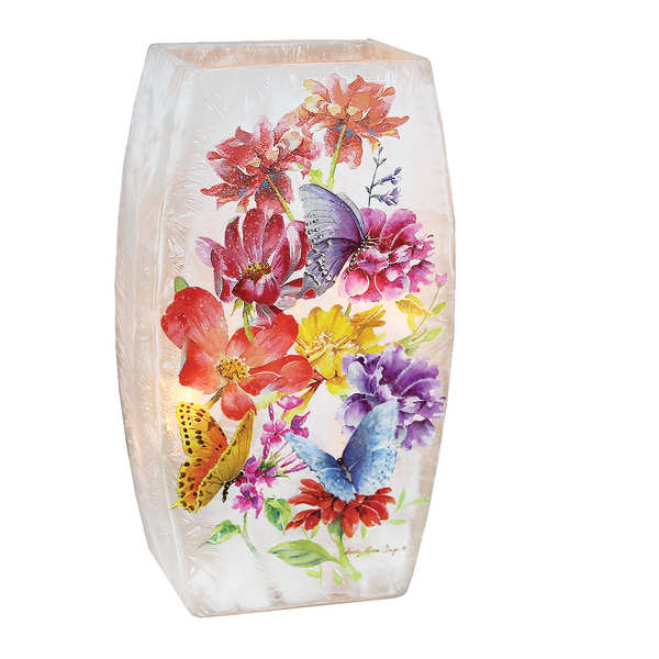 Decorative white vase with colorful floral and butterfly print