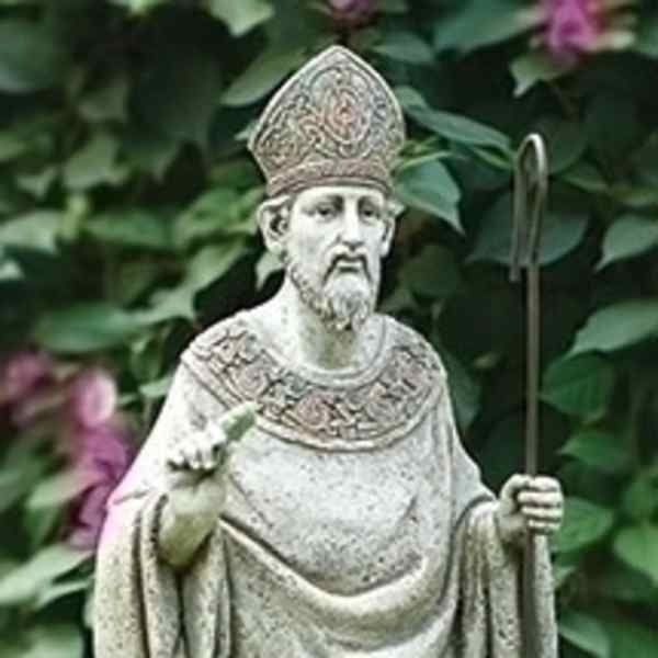 Stone Saint Patrick garden statue holding a staff