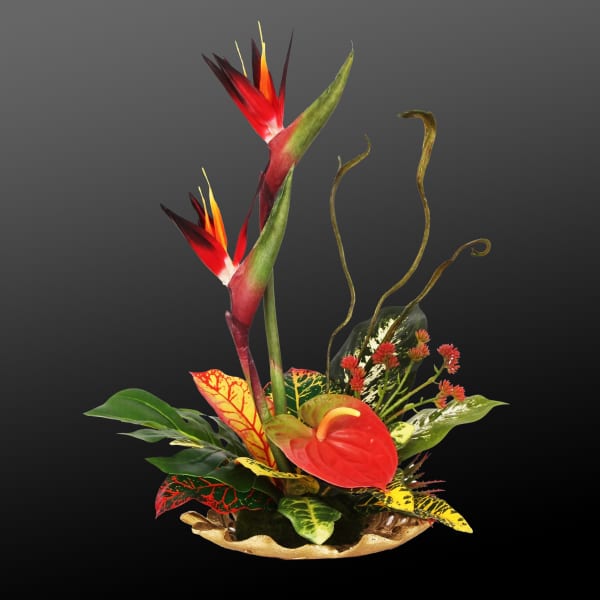Tropical floral arrangement with red bird-of-paradise and anthurium in a low bowl