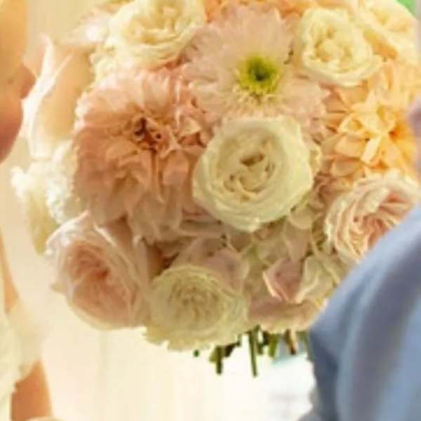Bride holding a pale peach and cream bouquet