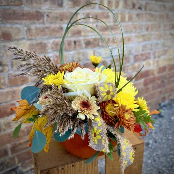 Autumn bouquet with yellow and cream flowers in a pumpkin container