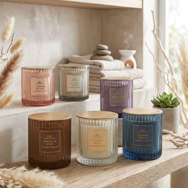 Assorted scented candles in ribbed glass jars on a wooden shelf