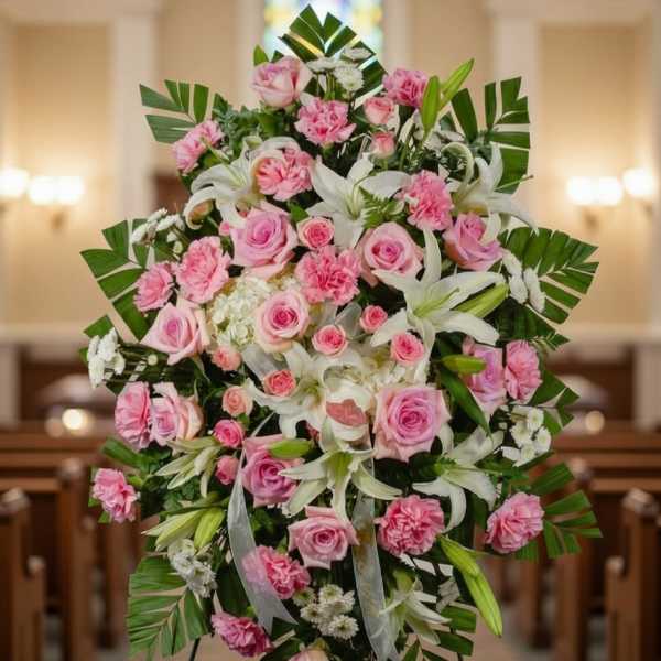 Pink roses and white lilies arranged on a standing easel