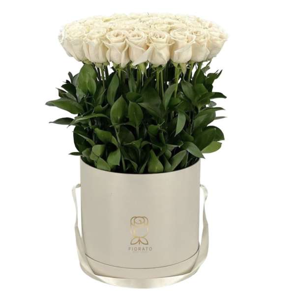 Cream roses arranged in a tall hatbox with green foliage