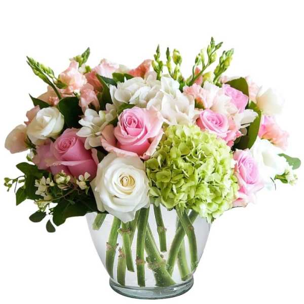 Pink and white roses with green hydrangea in a glass vase