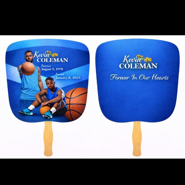 Two blue memorial fans with a basketball player and tribute text