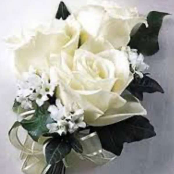 White rose bouquet with small white filler flowers and dark ribbon