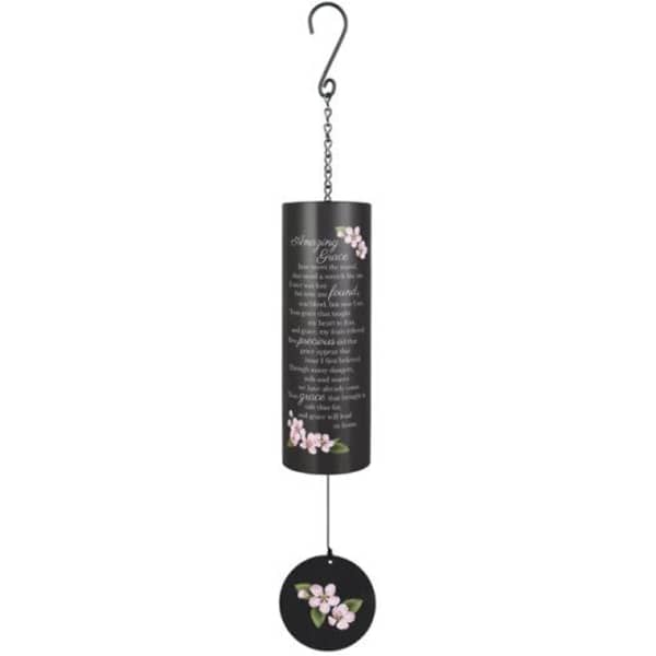 Hanging black wind chime with pink floral accents and text