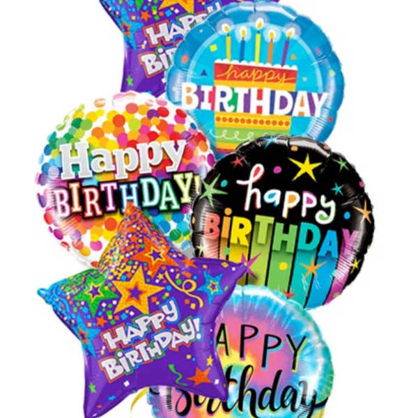 Cluster of colorful birthday balloons with "Happy Birthday" text