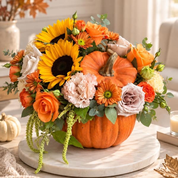 Orange pumpkin arrangement with sunflowers, roses, and carnations