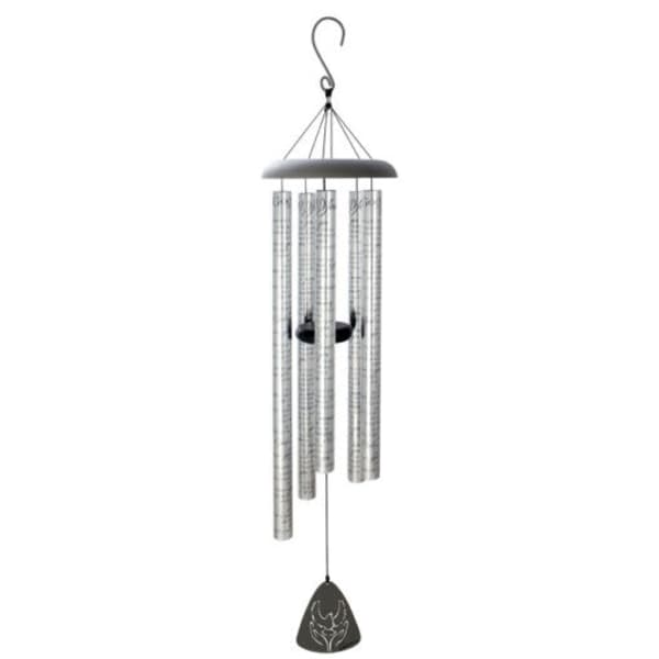 Silver wind chime with hanging metal tubes and a black clapper