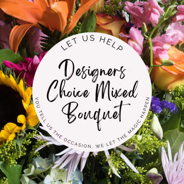 Mixed bouquet with orange lilies, pink blooms, and yellow sunflowers