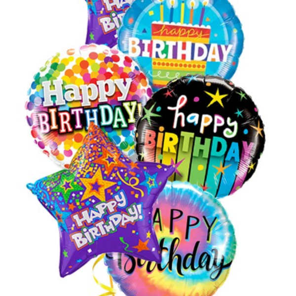 Cluster of colorful birthday balloons with star and round shapes