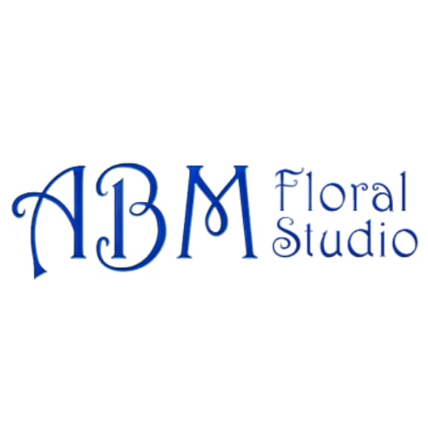 Blue ABM Floral Studio logo on a white background