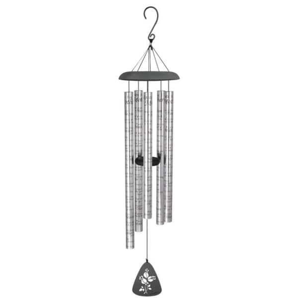 Hanging metal wind chime with silver tubes and a black top and clapper