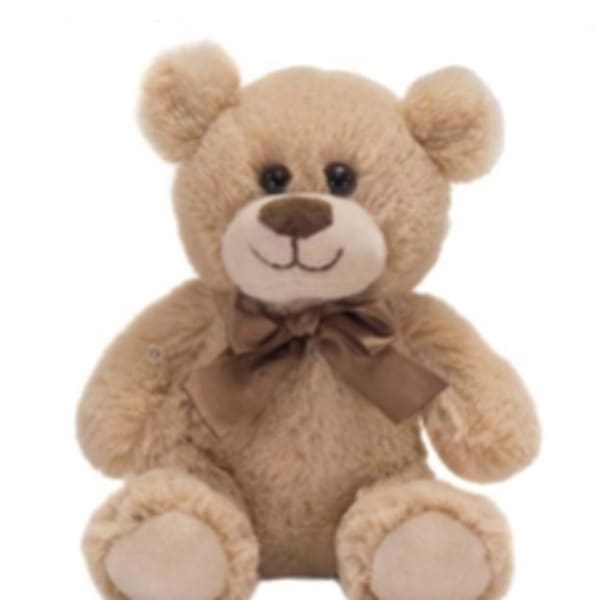 Plush teddy bear with a brown ribbon bow