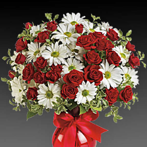 Red roses and white daisies in a red vase with a ribbon