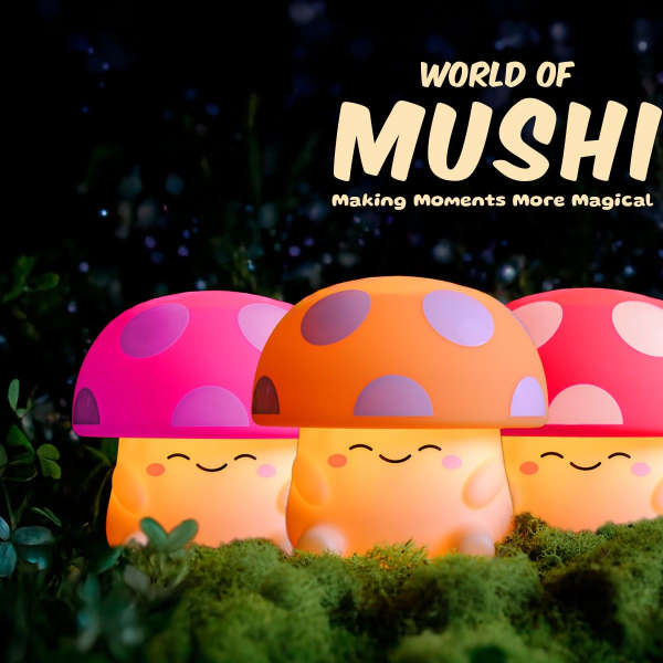 Four colorful mushroom-shaped lights with smiling faces