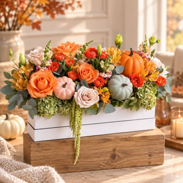 Autumn floral arrangement with roses and small pumpkins in a white box