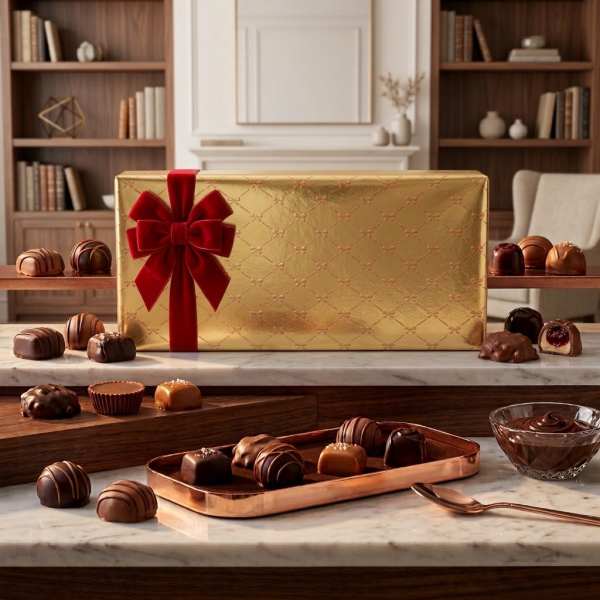Gold gift box with a red bow surrounded by assorted chocolates