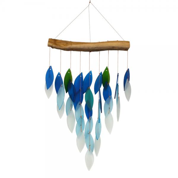Hanging wood and blue leaf-shaped mobile on a white background