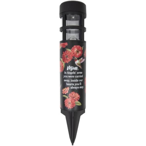 Black memorial solar light stake with floral print and tribute text
