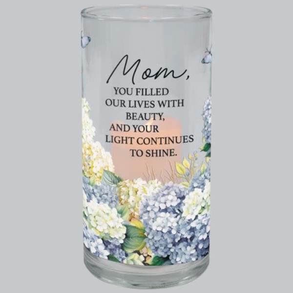 Glass memorial candle holder with floral design and a message for Mom
