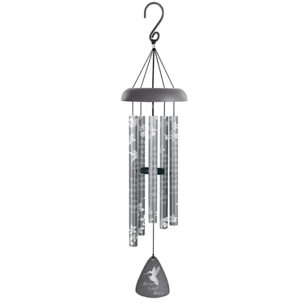 Gray hanging wind chime with floral tube accents and a hummingbird pendant