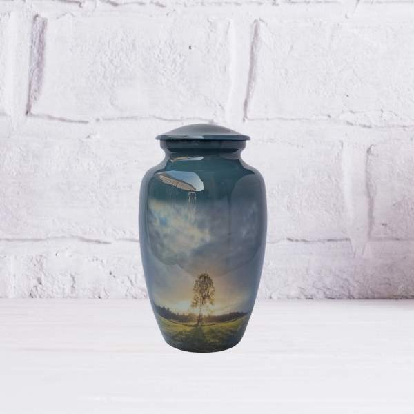 Dark blue urn with a landscape scene printed on the front