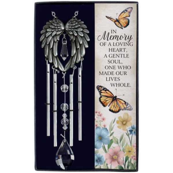 Memorial wind chime with butterfly and floral design in a gift box