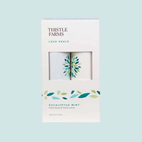 Boxed hand soap and lotion set with eucalyptus mint labeling