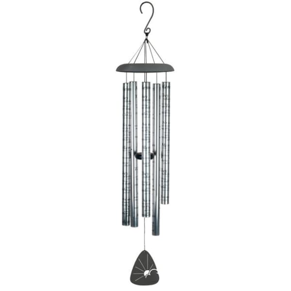 Metal wind chime with silver tubes and a black hanging clapper