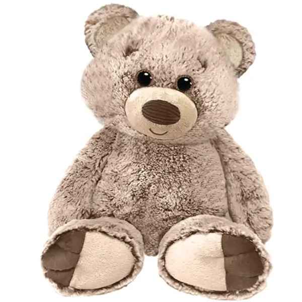 Plush teddy bear with beige fur and dark eyes