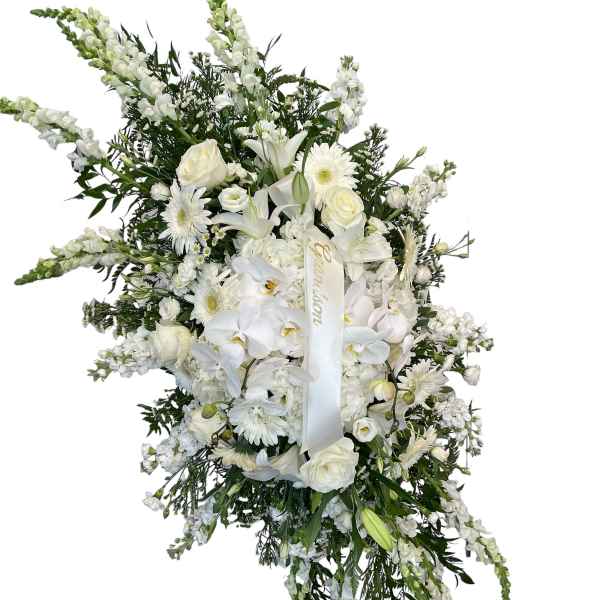 White funeral spray with roses, lilies, orchids, and daisies